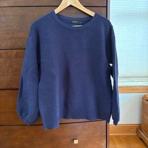 Zesica Crew Neck Loose Ribbed Sweater With Long Lantern Sleeves Navy Blue